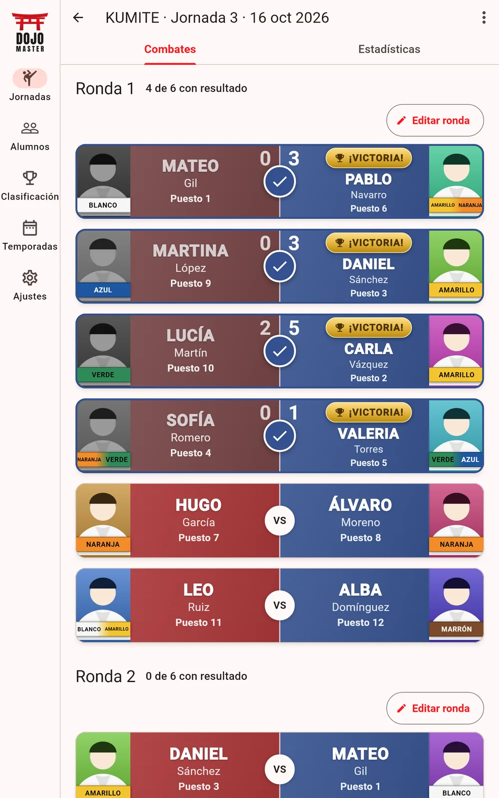 Combates de la jornada en vertical