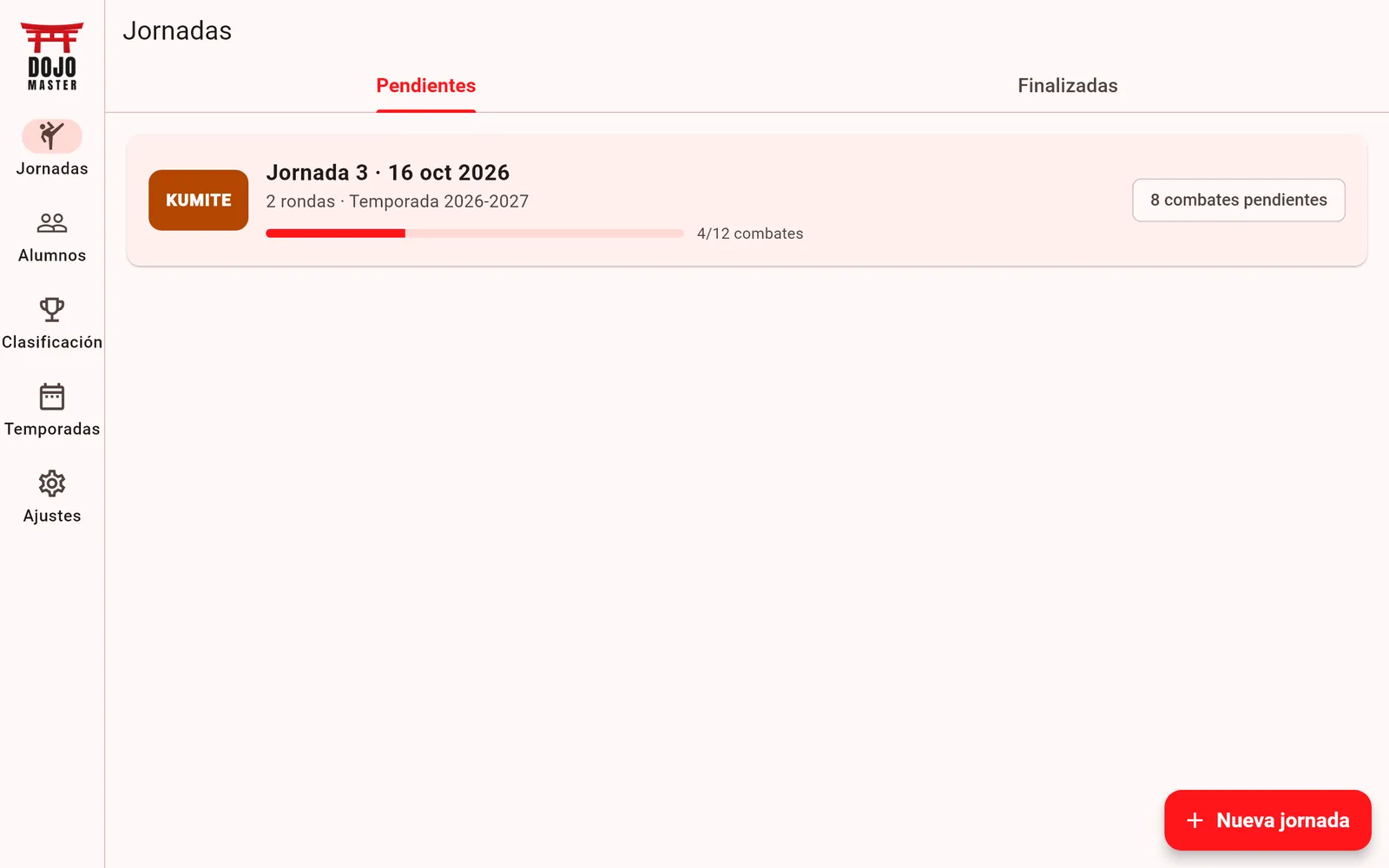 Lista de jornadas pendientes con su progreso